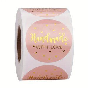 NEW 500 Stickers "Handmade With Love" Stickers Baking , Craft Labels - Pink/Gold